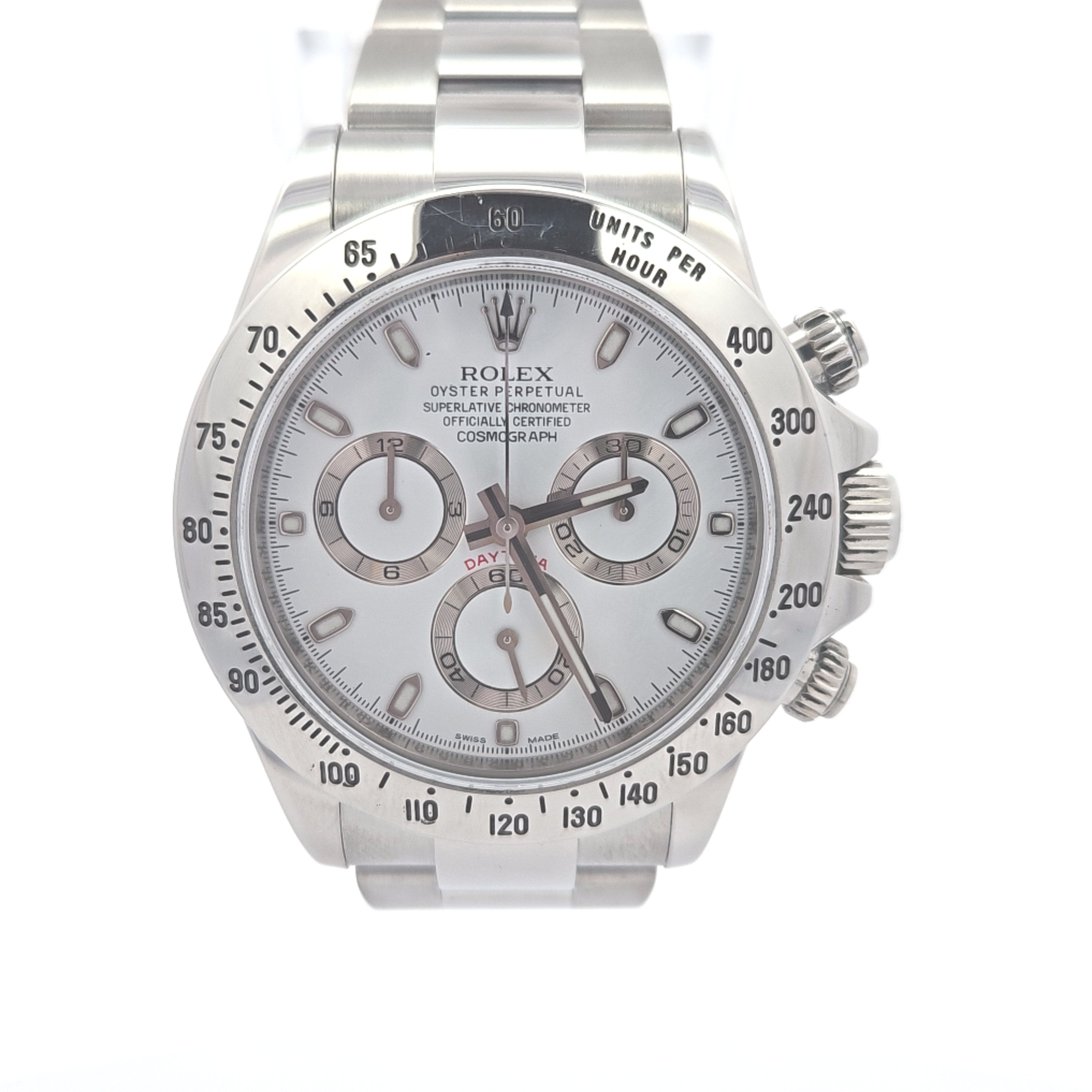Rolex Daytona Stainless Steel Chronograph with white dial and subdials, model 116520, pre-owned luxury watch.