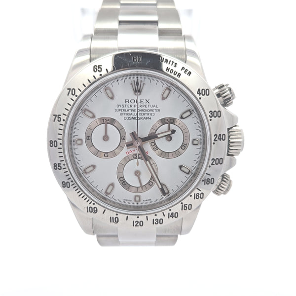 Rolex Daytona Stainless Steel Chronograph with white dial and subdials, model 116520, pre-owned luxury watch.