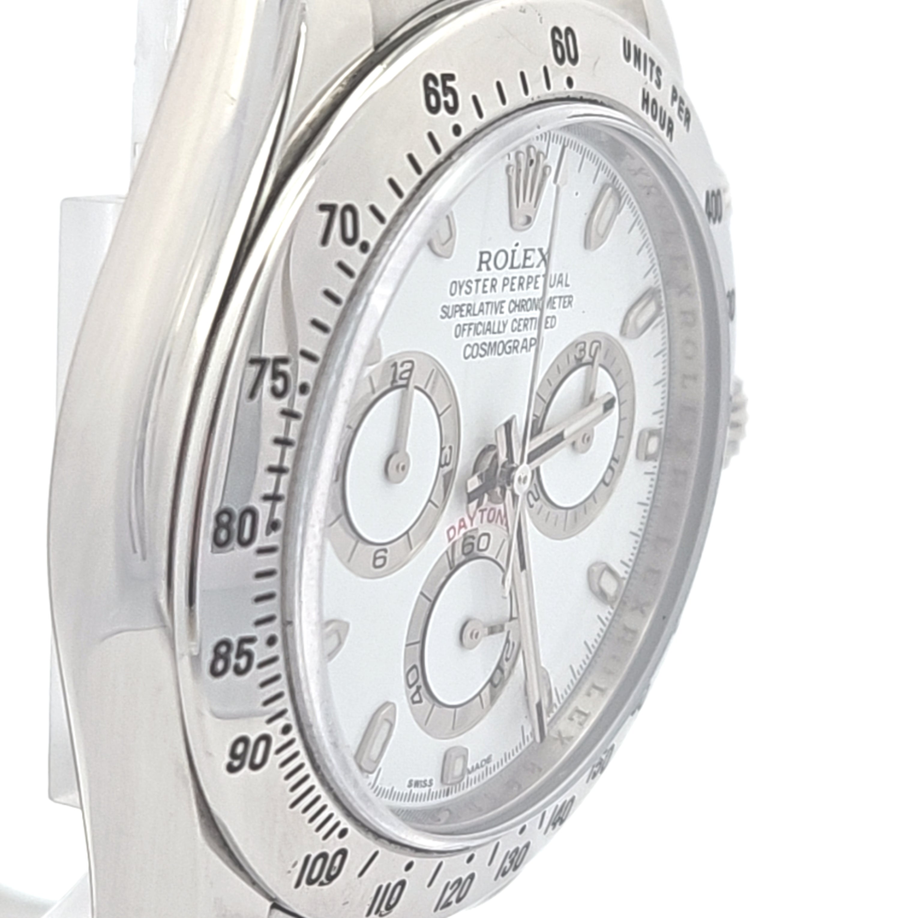 Rolex Daytona Stainless Steel chronograph watch with white dial, model 116520, pre-owned, automatic movement, 40mm case.