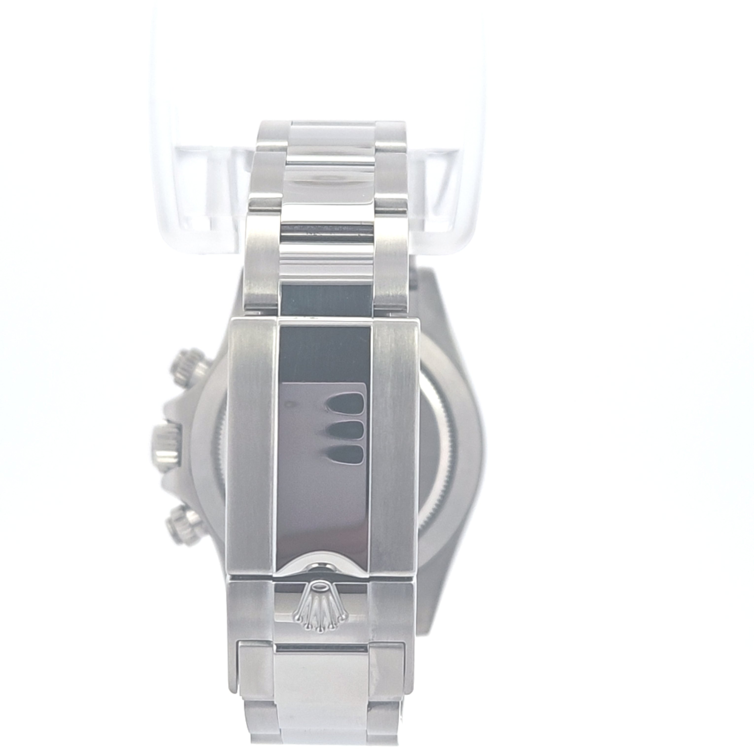 Back view of Rolex Daytona stainless steel watch, showcasing the bracelet and case design.