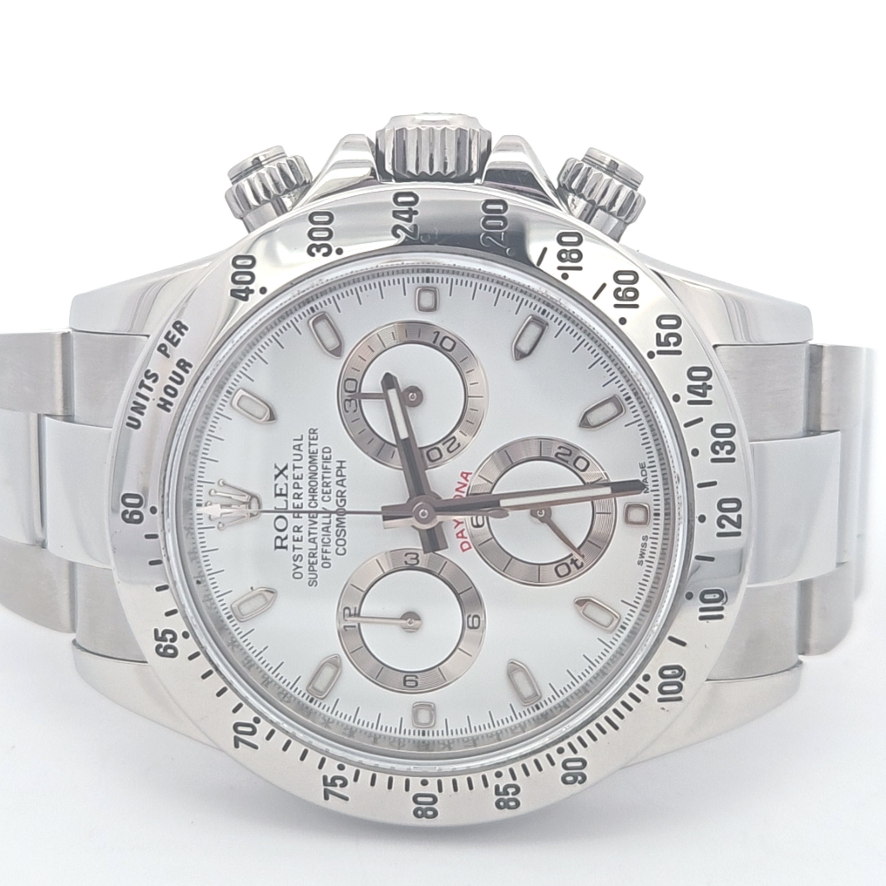 Rolex Daytona 116520 stainless steel chronograph watch with white dial, pre-owned, automatic movement, 40mm case.