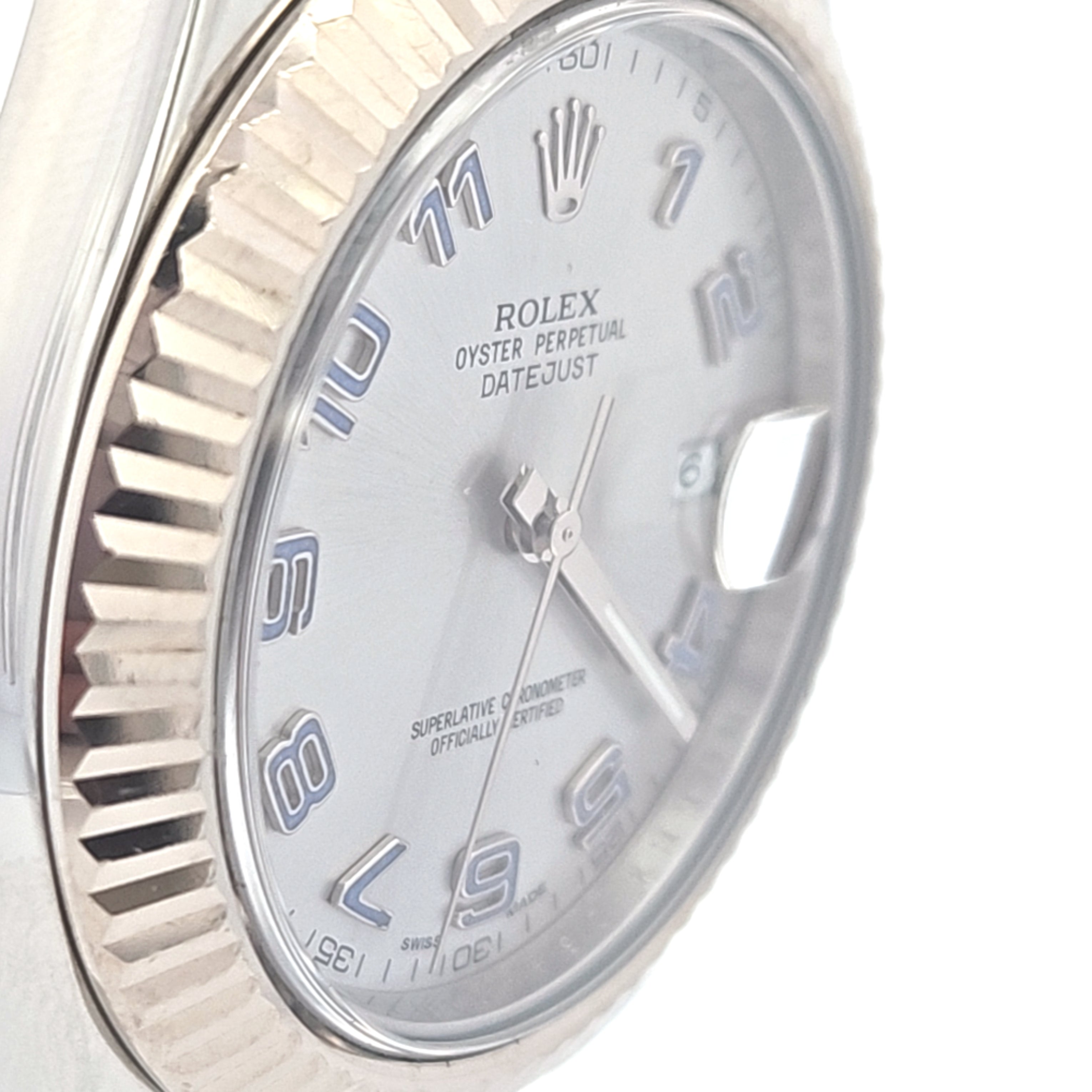 Rolex Datejust with Arabic numeral dial in stainless steel and 18k yellow gold bezel, pre-owned luxury watch.