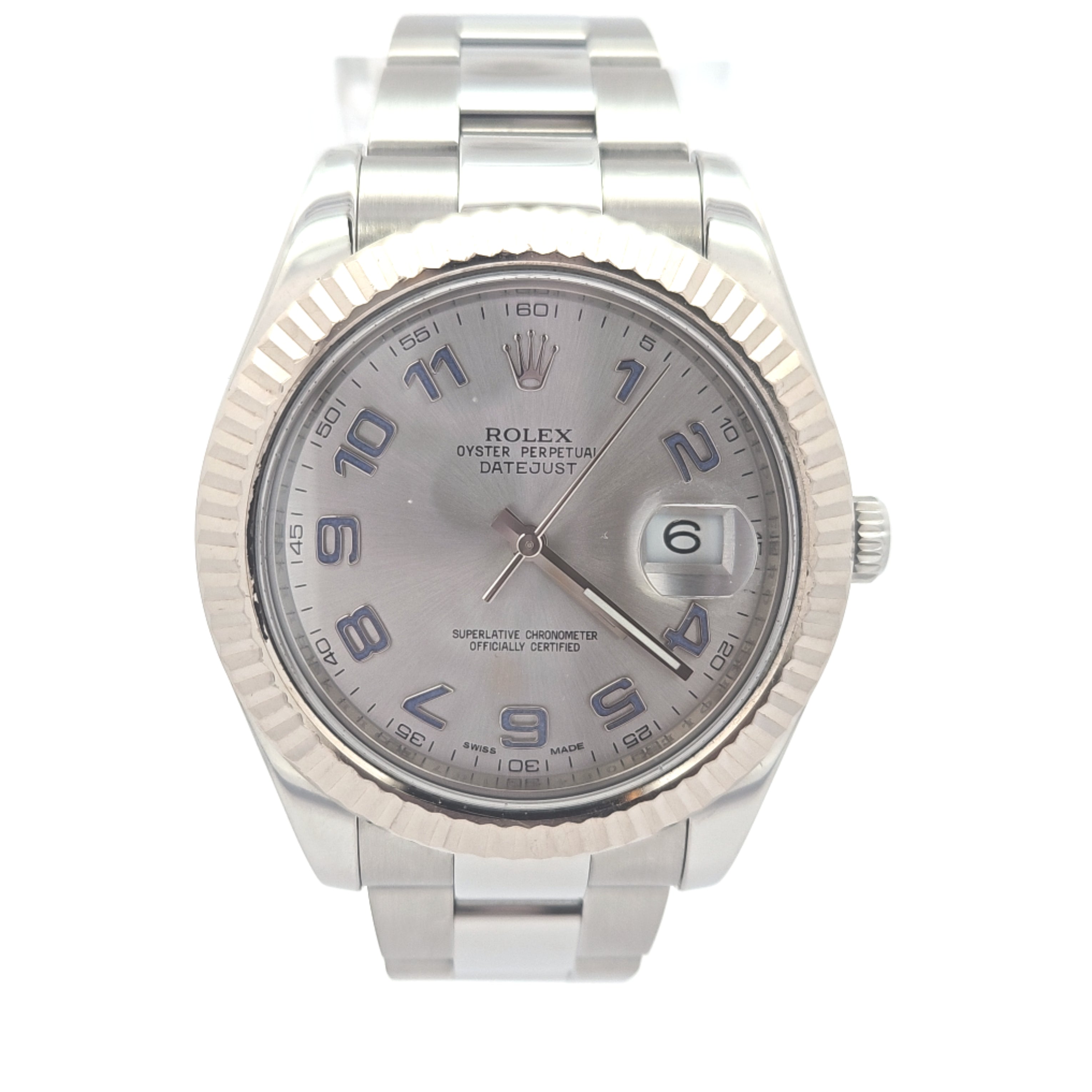 Rolex Arabic Dial Datejust stainless steel watch with 18k yellow gold bezel and silver dial, model 116334.