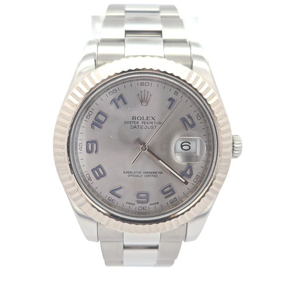 Rolex Arabic Dial Datejust stainless steel watch with 18k yellow gold bezel and silver dial, model 116334.