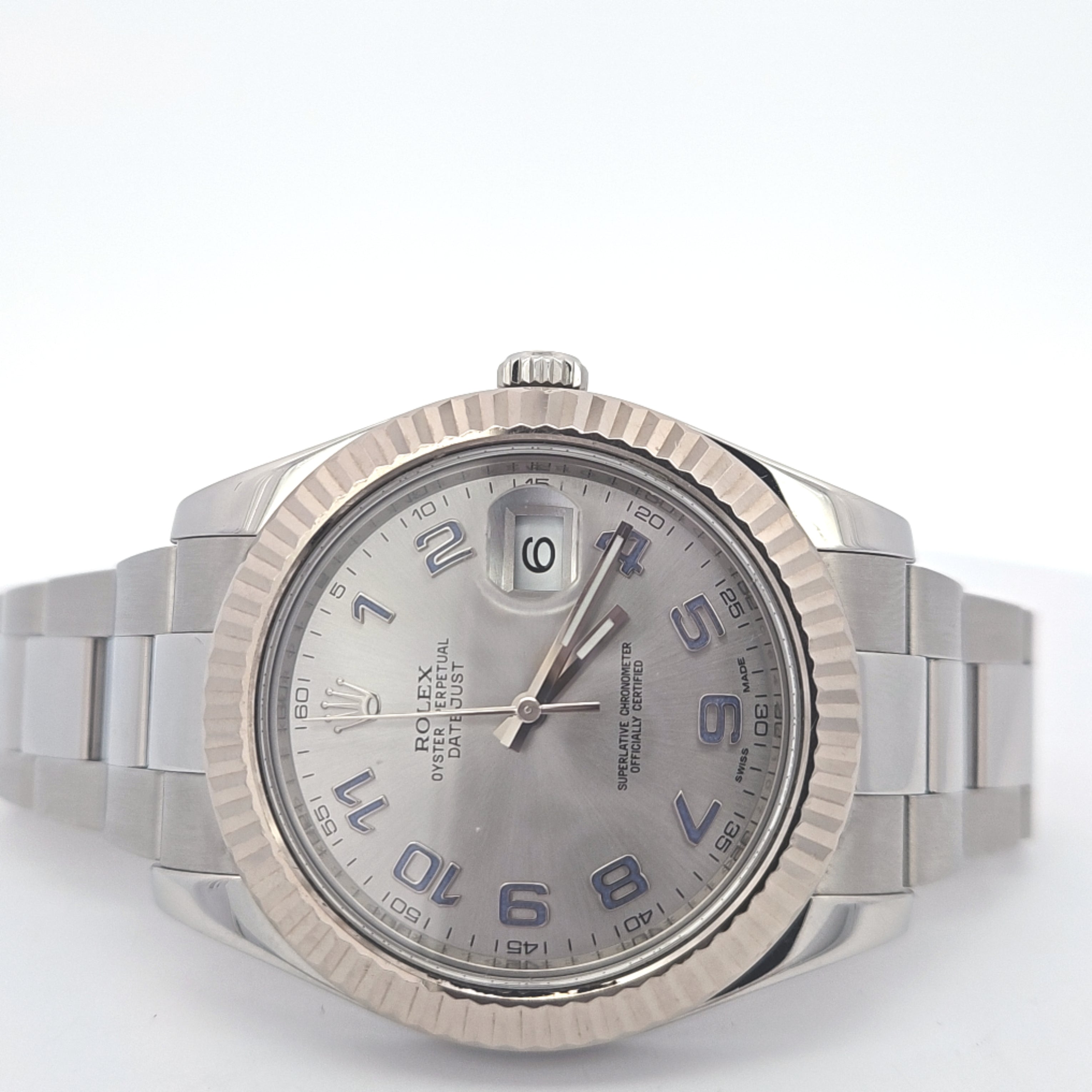 Rolex Arabic Dial Datejust with stainless steel and 18k yellow gold bezel, pre-owned, 41mm case size.