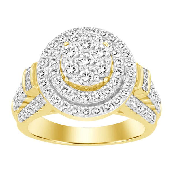 LADIES RING 2.00CT ROUND/BAGUETTE DIAMOND 10K YELLOW GOLD