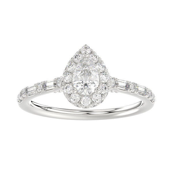 LADIES RING 1.00CT ROUND/BAGUETTE DIAMOND 14K WHITE GOLD (SI QUALITY) (CENTER STONE 0.50CT PEAR DIAMOND)