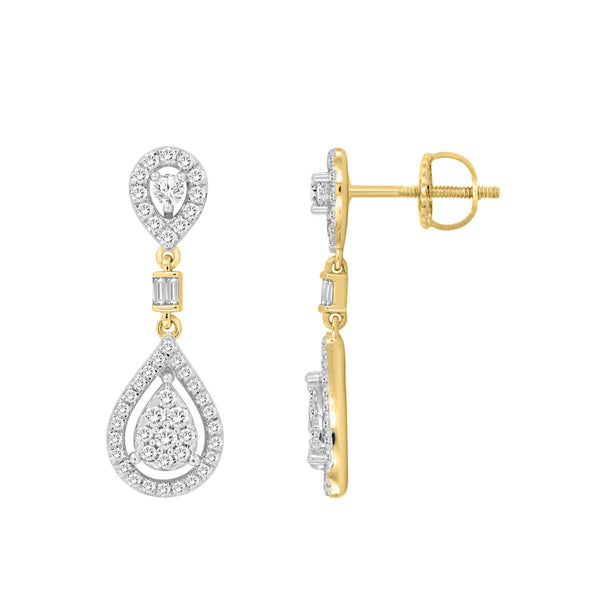 LADIES EARRINGS 0.75CT ROUND/BAGUETTE DIAMOND 14K YELLOW GOLD