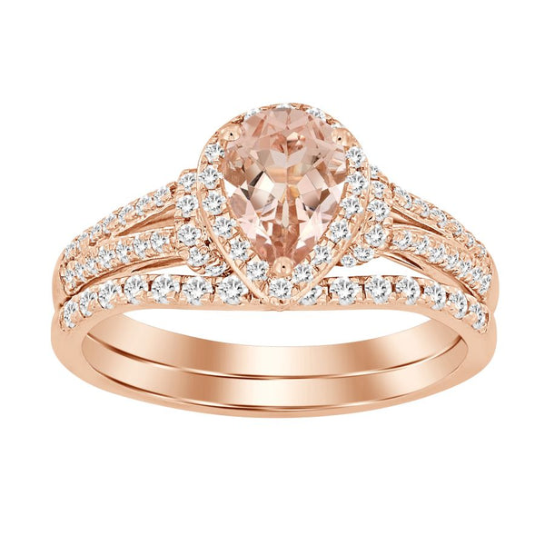 BRIDAL RING SET 1.10CT ROUND DIAMOND 14K MORGANITE STONE ROSE GOLD