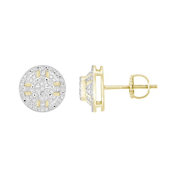 LADIES STUD EARRINGS 0.20CT ROUND/BAGUETTE DIAMOND 10K YELLOW GOLD