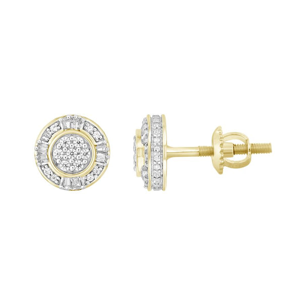 MEN'S STUD EARRINGS 0.25CT ROUND/BAGUETTE DIAMOND 10K YELLOW GOLD