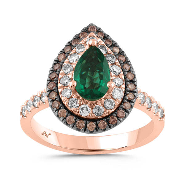 LADIES RING 2.00CT ROUND/DARK BROWN/PEAR EMERALD DIAMOND 14K ROSE GOLD (CENTER STONE EMERALD DIAMOND 1.25CT)