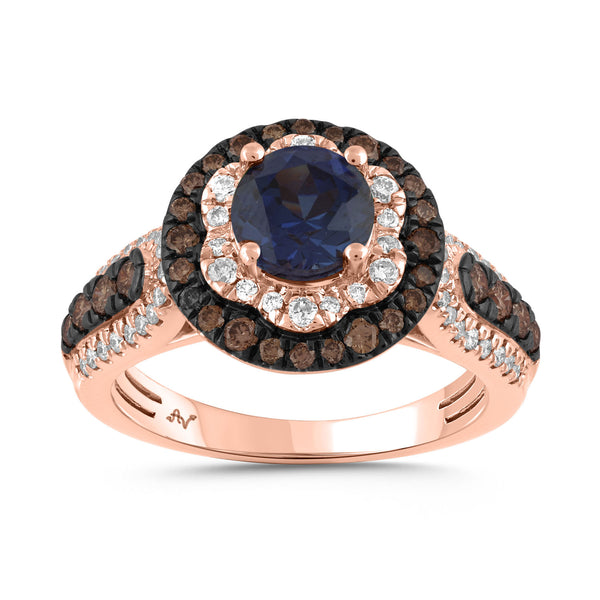 LADIES RING 1.95CT ROUND/SAPPHIRE/DARK BROWN DIAMOND 14K ROSE GOLD (CENTER STONE ROUND SAPPHIRE DIAMOND-1.15CT)