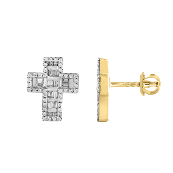 LADIES EARRINGS 0.33CT ROUND/BAGUETTE DIAMOND 10K YELLOW GOLD