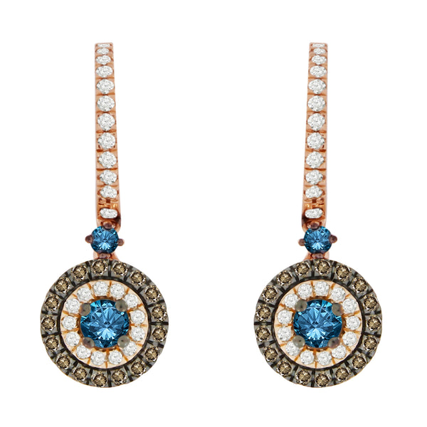 LADIES EARRINGS 1.00CT BLUE SAPPHIRE ROUND/DARK BROWN DIAMOND 14K ROSE GOLD