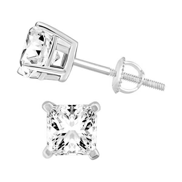 LADIES SOLITAIRE EARRINGS 1.00CT PRINCESS DIAMOND 14K WHITE GOLD