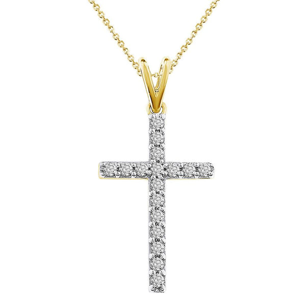 LADIES CROSS PENDANT WITH CHAIN 0.25CT ROUND DIAMOND 14K YELLOW GOLD