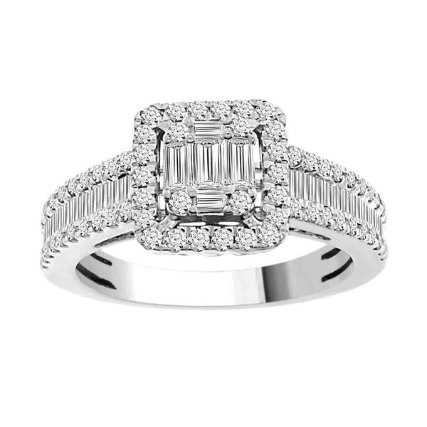 LADIES RING 1.00CT ROUND/BAGUETTE DIAMOND 14K WHITE GOLD (SI QUALITY)