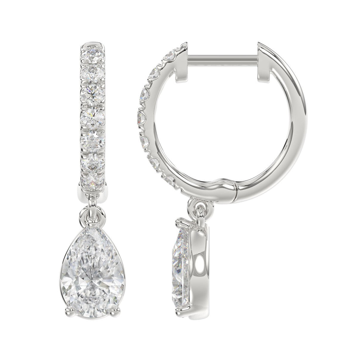 LADIES EARRINGS 1 1/4CT PEAR/ROUND DIAMOND 14K WHITE GOLD (CENTER STONE PEAR DIAMOND 1CT)