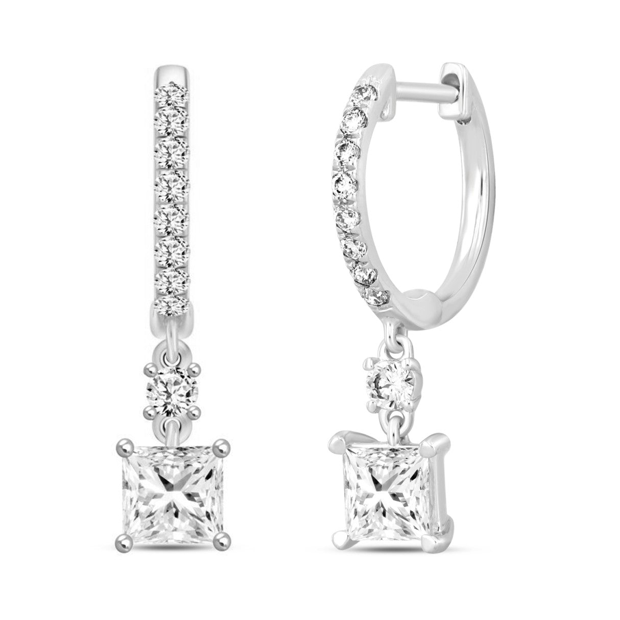 LADIES EARRINGS 1 1/4CT PRINCESS/ROUND DIAMOND 14K WHITE GOLD (CENTER STONE PRINCESS DIAMOND 1CT)