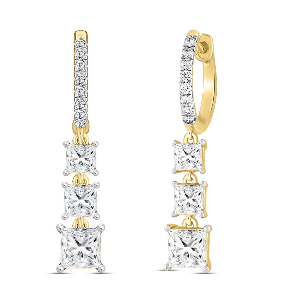 LADIES EARRINGS 2CT ROUND/PRINCESS DIAMOND 14K YELLOW GOLD