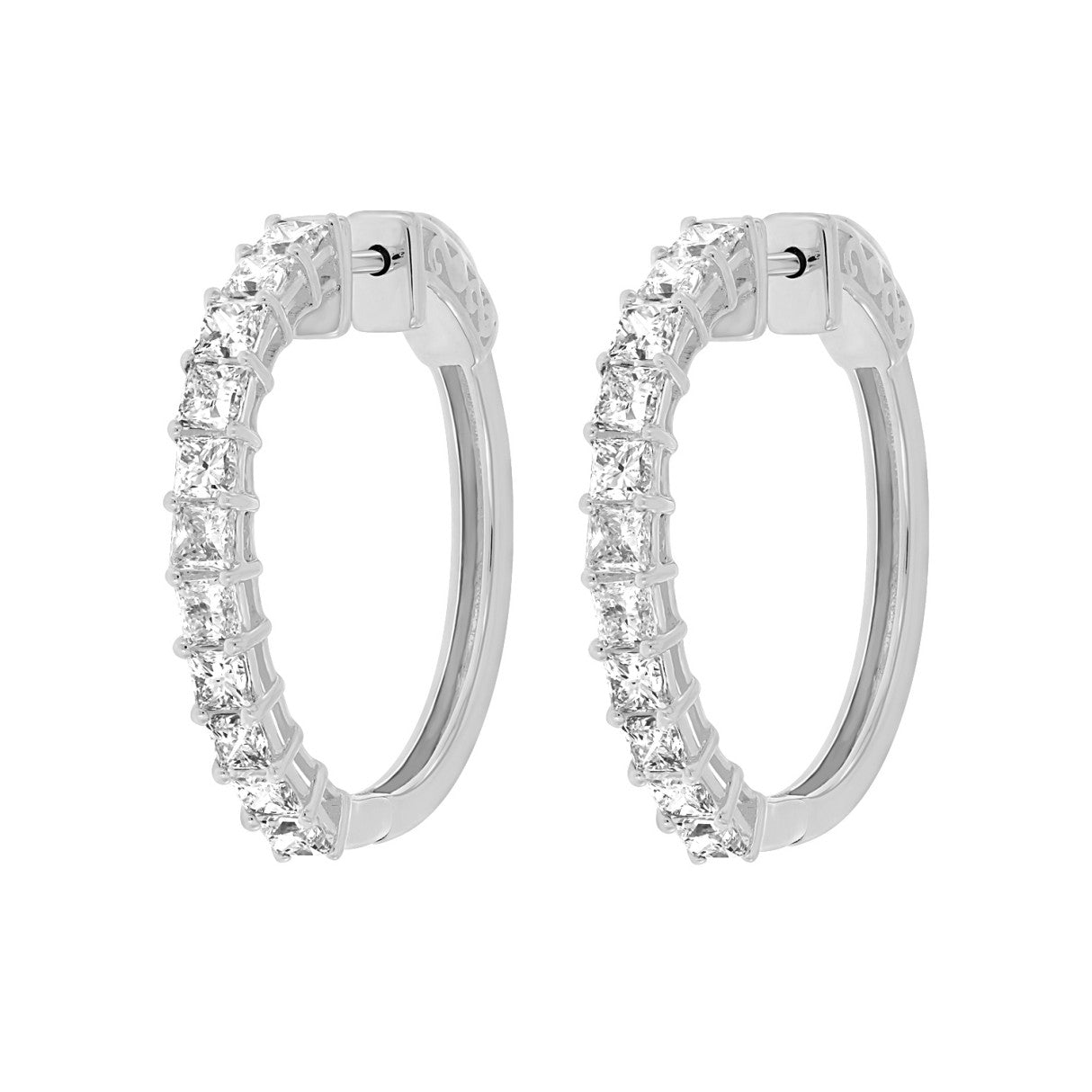 LADIES HOOP EARRINGS 2CT PRINCESS DIAMOND 14K WHITE GOLD