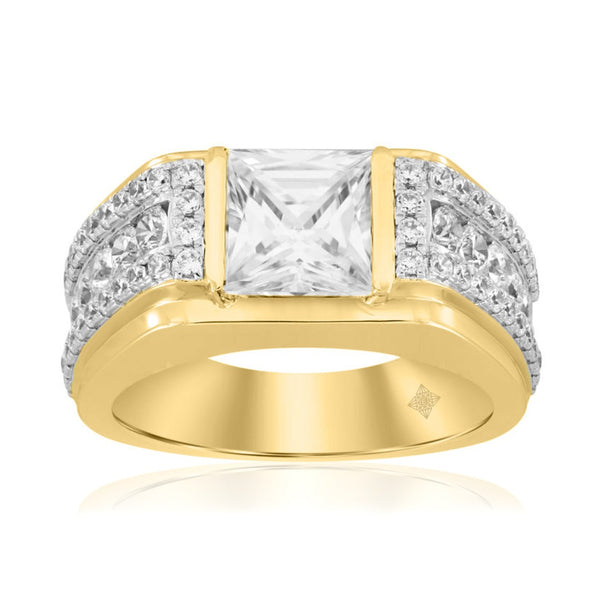 MEN'S RING 3 1/2CT ROUND/PRINCESS DIAMOND 14K YELLOW GOLD (CENTER STONE PRINCESS DIAMOND 2CT )