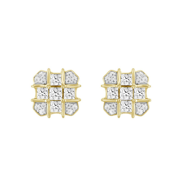 MEN'S EARRINGS 1CT ROUND/PRINCESS DIAMOND 14K YELLOW GOLD