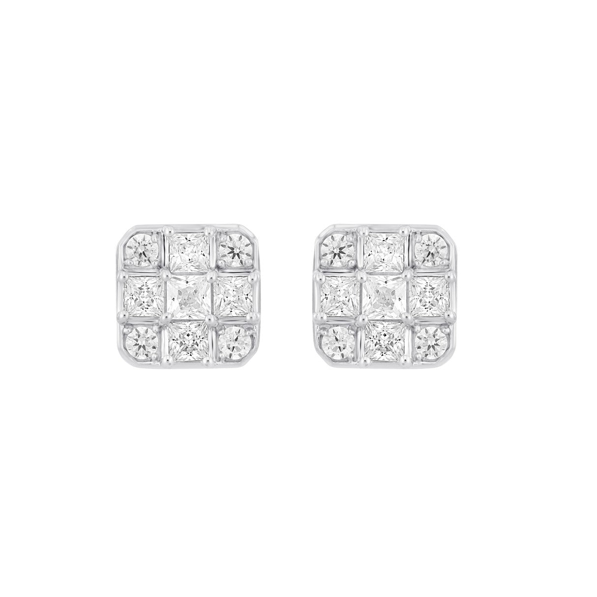 LADIES EARRINGS 1CT ROUND/PRINCESS DIAMOND 14K WHITE GOLD