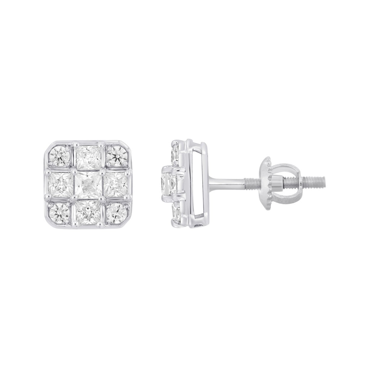 LADIES EARRINGS 1CT ROUND/PRINCESS DIAMOND 14K WHITE GOLD