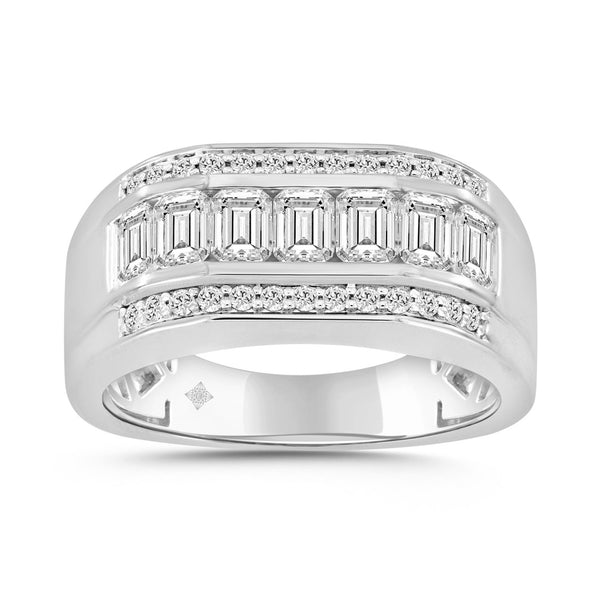 MENS RING  2.00CT ROUND/EMERALD DIAMOND 14K WHITE GOLD