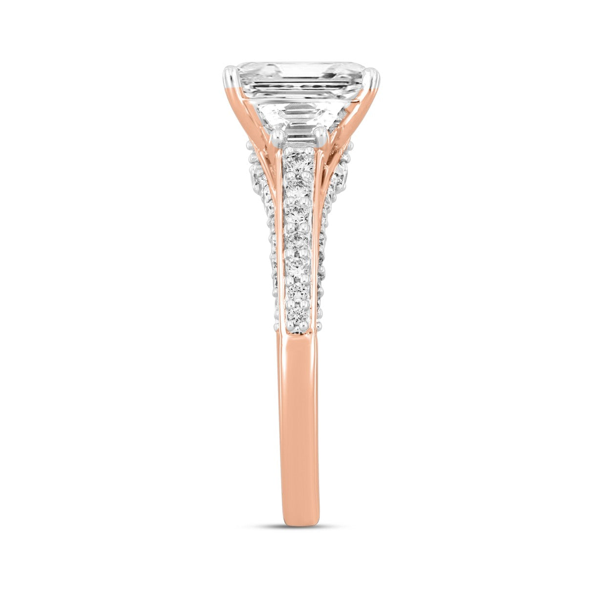 LADIES RING 3CT ROUND/EMERALD/TRAPEZOID DIAMOND 14K ROSE GOLD (CENTER STONE EMERALD DIAMOND 2CT)