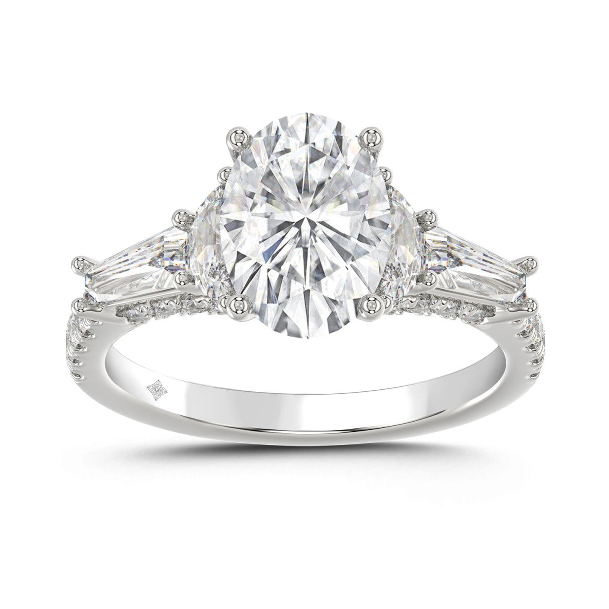 LADIES RING 3 1/2CT ROUND/HALF MOON/OVAL/BAGUETTE DIAMOND 14K WHITE GOLD (CENTER STONE OVAL DIAMOND 2CT )