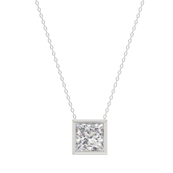 LADIES SOLITAIRE PENDANT 1CT PRINCESS DIAMOND 14K WHITE GOLD WITH CHAIN