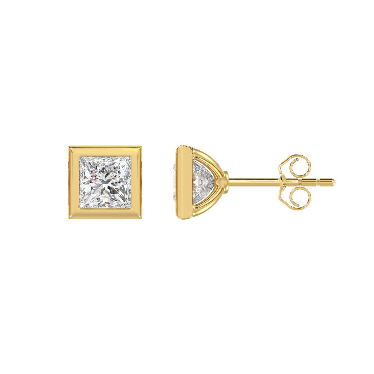 LADIES SOLITAIRE EARRINGS 2CT PRINCESS DIAMOND 14K YELLOW GOLD