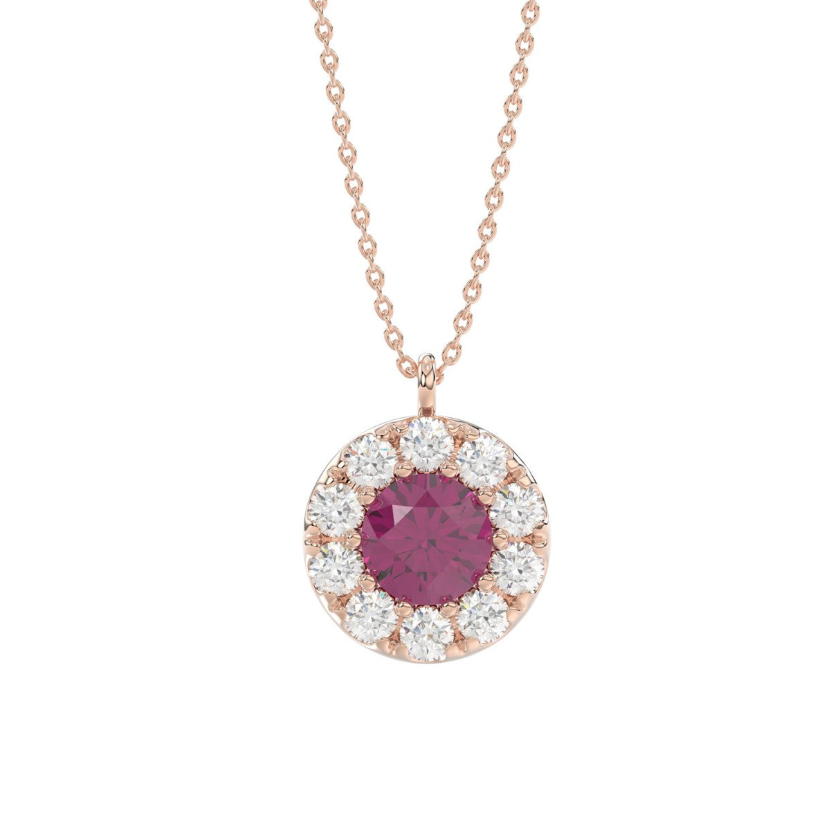 LADIES PENDANT 1/4CT ROUND/RUBY DIAMOND 14K ROSE GOLD (CENTER STONE ROUND DIAMOND 5/8CT )