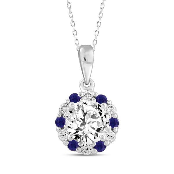 14K WHITE GOLD 1 1/4CT ROUND/ ROUND BLUE SAPPHIRE DIAMOND LADIES PENDANT (CENTER STONE ROUND DIAMOND 1CT)