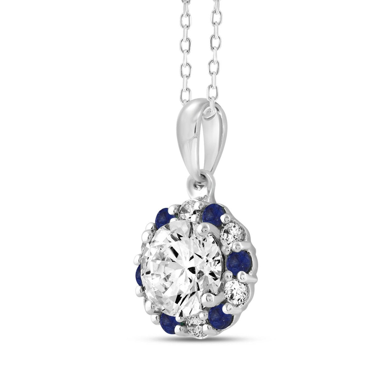 14K WHITE GOLD 1 1/4CT ROUND/ ROUND BLUE SAPPHIRE DIAMOND LADIES PENDANT (CENTER STONE ROUND DIAMOND 1CT)