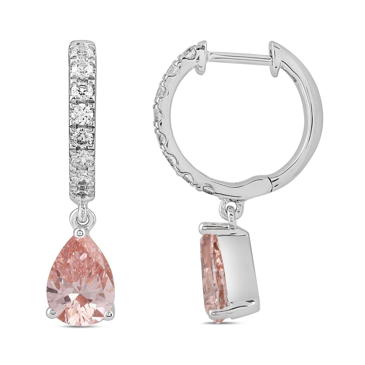 14K WHITE/ROSE GOLD 2.00CT ROUND/PEAR DIAMOND LADIES HOOPS EARRINGS