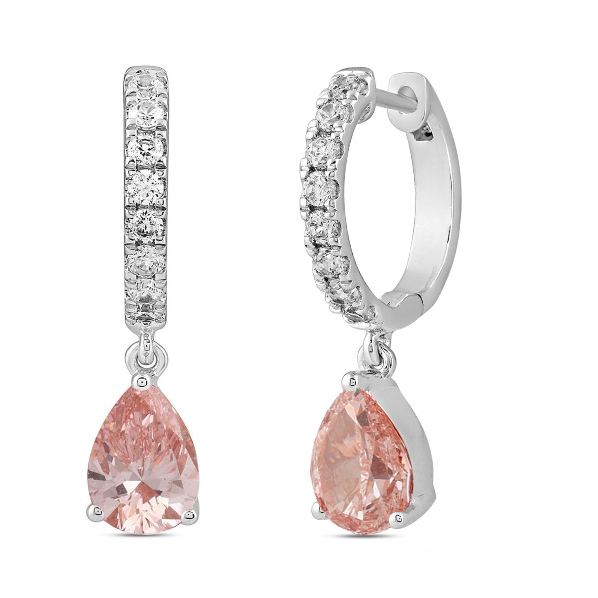 14K WHITE/ROSE GOLD 2.00CT ROUND/PEAR DIAMOND LADIES HOOPS EARRINGS