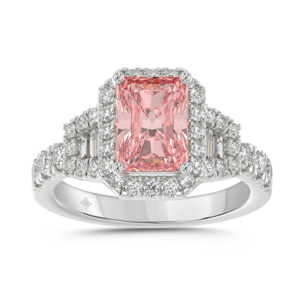 14K WHITE GOLD 2 3/4CT ROUND/BAGUETTE/RADIANT DIAMOND LADIES  RING (CENTER STONE PINK RADIANT DIAMOND 2.00CT)