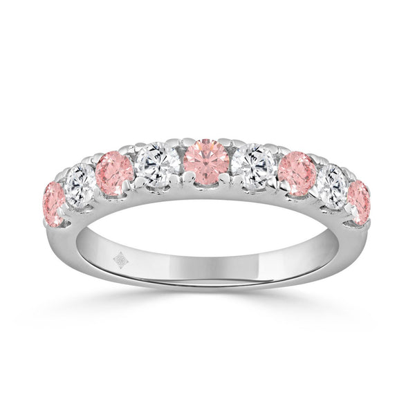 14K White Gold 1.00 CT Round Pink &amp; White Diamond Alternating Band Ring