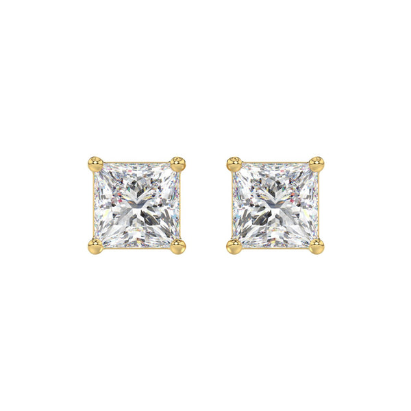 LADIES SOLITAIRE EARRINGS 4CT PRINCESS DIAMOND 14K YELLOW GOLD 