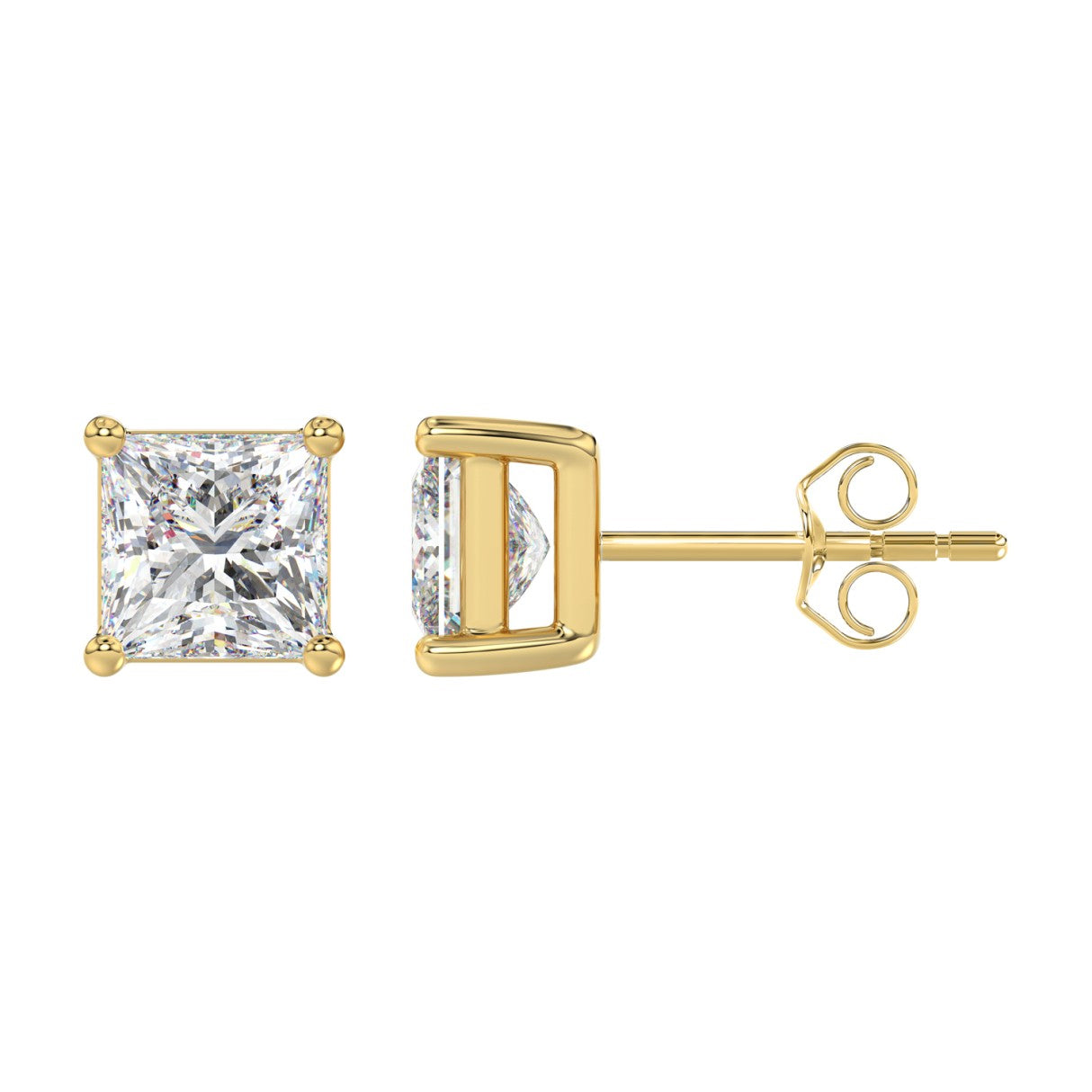 LADIES SOLITAIRE EARRINGS 4CT PRINCESS DIAMOND 14K YELLOW GOLD 