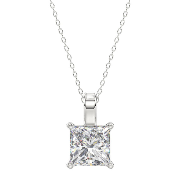 LADIES SOLITAIRE PENDANT WITH CHAIN 4CT PRINCESS DIAMOND 14K WHITE GOLD 