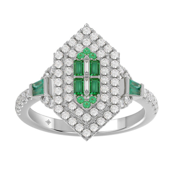 14K WHITE GOLD 1 1/6CT ROUND/BAGUETTE/EMERALD DIAMOND LADIES RING (GREEN EMERALD BAGUETTE DIAMOND 1/6CT)
