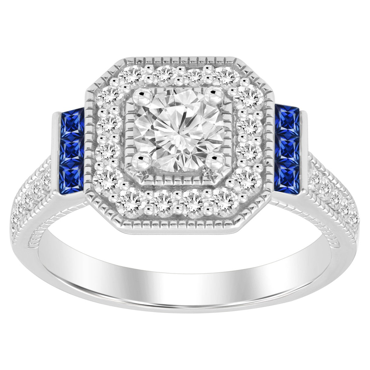 LADIES RING 1CT ROUND/PRINCESS/BLUE SAPHIRE DIAMOND 14K WHITE GOLD (CENTER STONE PRINCESS DIAMOND 1/6CT )