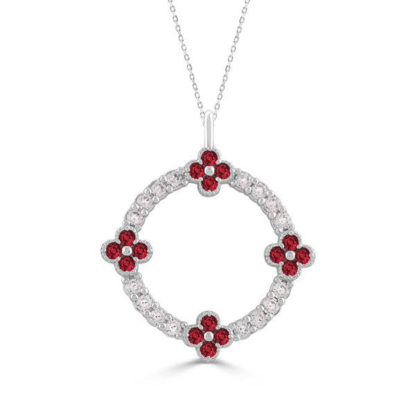 14K WHITE GOLD 5/8CT ROUND/ROUND RUBY DIAMOND LADIES PENDANT WITH CHAIN