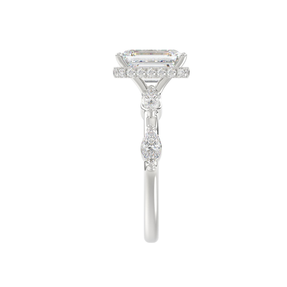 LADIES RING 3.50CT ROUND/MARQUISE/EMERALD DIAMOND 14K WHITE GOLD (CENTER STONE EMERALD DIAMOND 3.00CT)