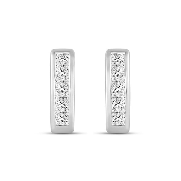 LADIES HOOPS EARRINGS 1.00CT PRINCESS DIAMOND 14K WHITE GOLD